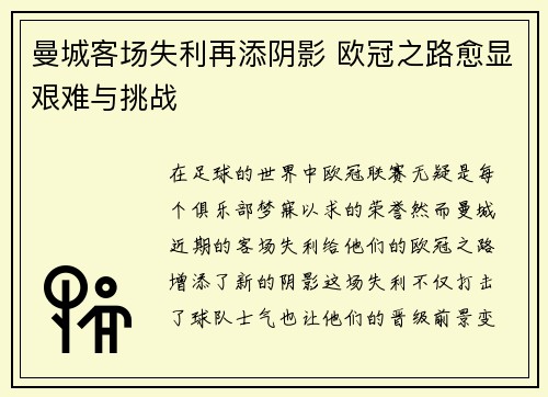 曼城客场失利再添阴影 欧冠之路愈显艰难与挑战