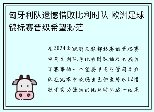匈牙利队遗憾惜败比利时队 欧洲足球锦标赛晋级希望渺茫