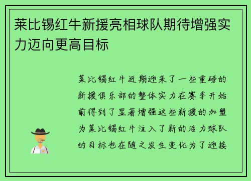 莱比锡红牛新援亮相球队期待增强实力迈向更高目标