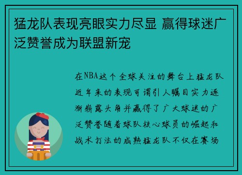 猛龙队表现亮眼实力尽显 赢得球迷广泛赞誉成为联盟新宠