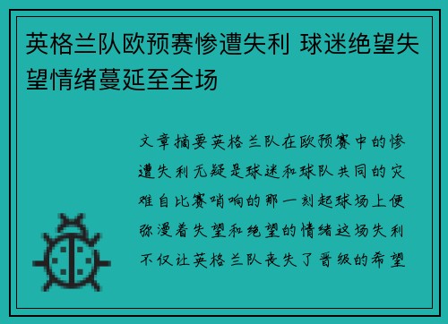 英格兰队欧预赛惨遭失利 球迷绝望失望情绪蔓延至全场