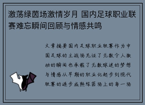 激荡绿茵场激情岁月 国内足球职业联赛难忘瞬间回顾与情感共鸣