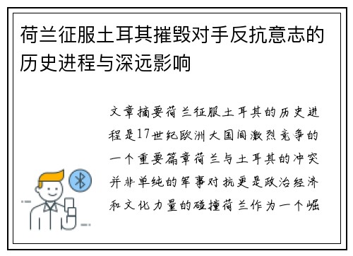荷兰征服土耳其摧毁对手反抗意志的历史进程与深远影响