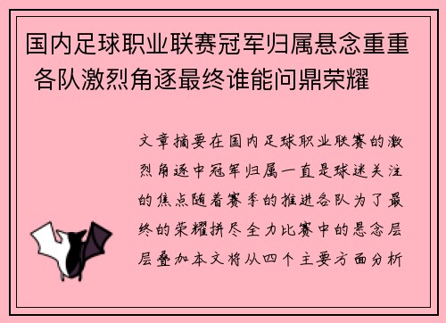 国内足球职业联赛冠军归属悬念重重 各队激烈角逐最终谁能问鼎荣耀