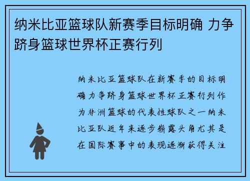 纳米比亚篮球队新赛季目标明确 力争跻身篮球世界杯正赛行列