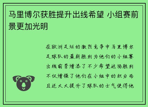 马里博尔获胜提升出线希望 小组赛前景更加光明
