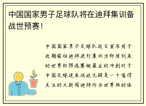 中国国家男子足球队将在迪拜集训备战世预赛！
