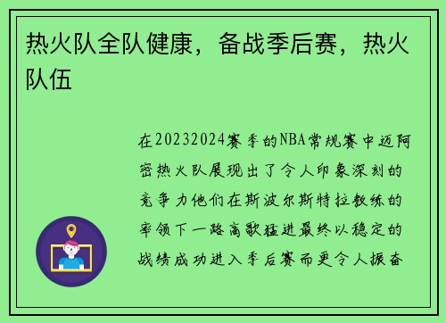 热火队全队健康，备战季后赛，热火队伍