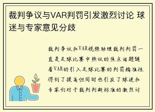 裁判争议与VAR判罚引发激烈讨论 球迷与专家意见分歧